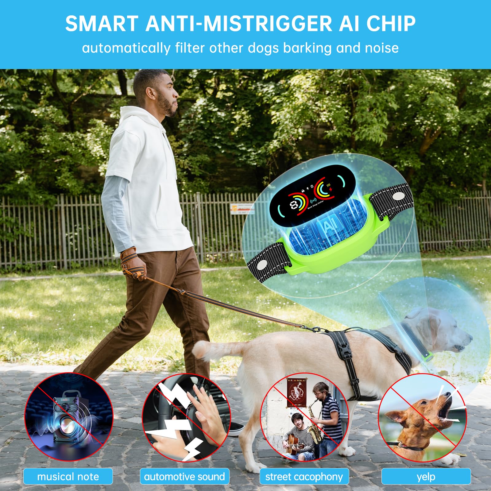 Smoothway Dog Bark Collar, Smart Anti False Triggering Ai Chip, Ip67 Waterproof Rechargeable Anti Bark Collar With Adjustable Se